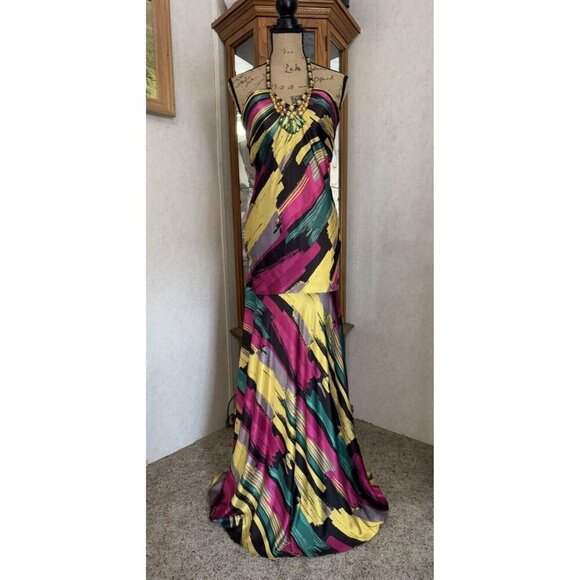 TIFFANY Rainbow Satin Silky Halter Tie Back Maxi Dress Gown Sz 8 Prom Drop Waist - Picture 2 of 12